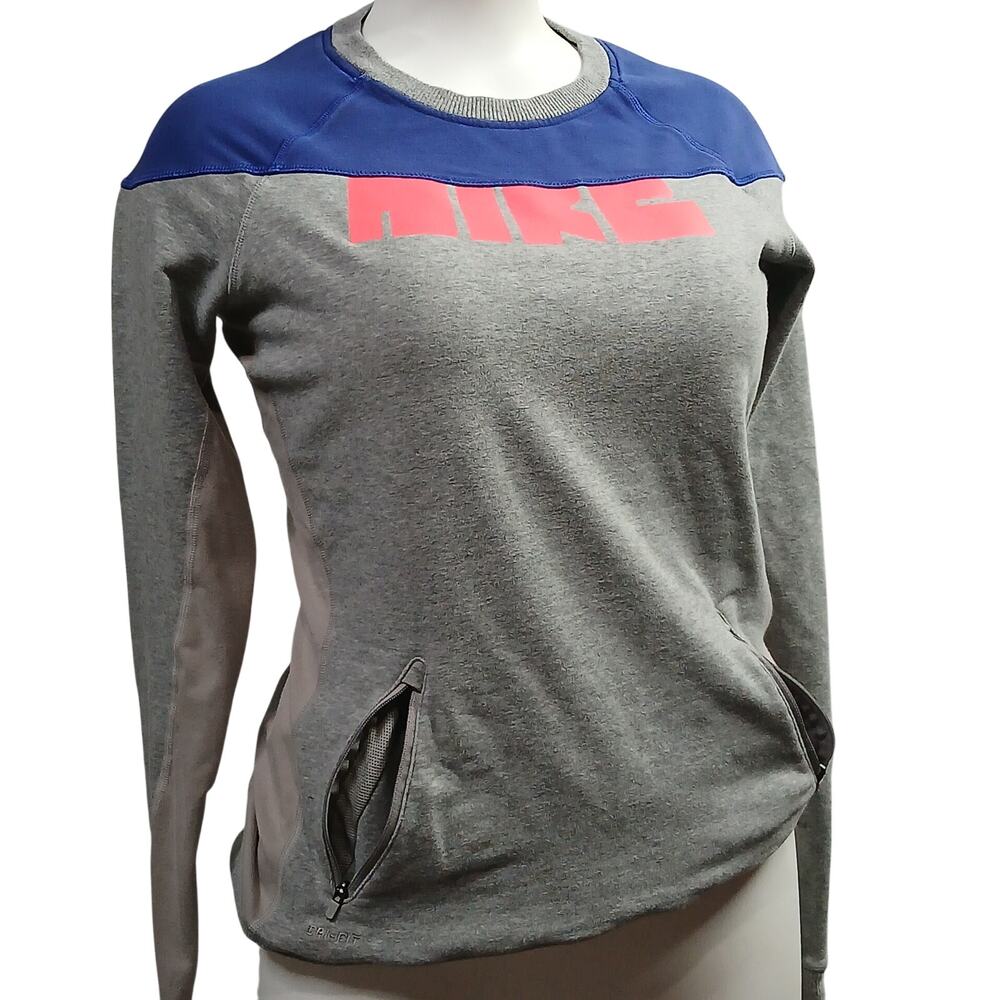 Nike Womens Size M Grey Dri-FIT Colorblock Crewneck Sweatshirt Zipper Pocket